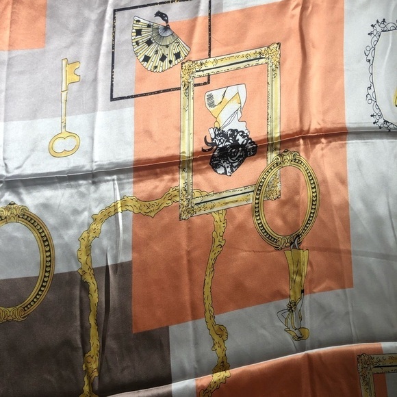 M.O.S.I Silky Square Vintage Scarf Cameo Women Peach Taupe Cream Sz. 35X35” - Picture 3 of 8